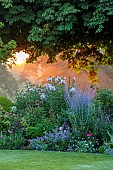 MORTON HALL GARDENS, WORCESTERSHIRE: SOUTH GARDEN, JULY, BORDER, SUNRISE, PEROVSKIA BLUE SPIRE, PHLOX, ECHINACEA