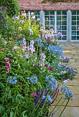 MORTON HALL GARDENS, WORCESTERSHIRE: SOUTH GARDEN, JULY, BORDER, SIDALCEA ELSIE HEUGH, AGAPANTHUS BLUE TRIUMPHATOR, ECHIUM BLUE BEDDER, ROSA MARY ROSE, MAYFLOWER, PHLOX UTOPIA