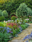 MORTON HALL GARDENS, WORCESTERSHIRE: SOUTH GARDEN, JULY, BORDER, WHITE CLEOME, COSMOS, AGAPANTHUS BLUE TRIUMPHATOR, ECHIUM BLUE BEDDER, ECHIUM WHITE BEDDER