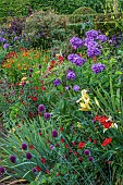 MORTON HALL GARDENS, WORCESTERSHIRE: KITCHEN GARDEN, JULY, BORDER, PHLOX NICKY, ALLIUM SPHAEROCEPHALON, HEMEROCALLIS ALASKAN QUEEN, SALVIA ROYAL BUMBLE, HELENIUM MOERHEIM BEAUTY