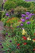 MORTON HALL GARDENS, WORCESTERSHIRE: KITCHEN GARDEN, JULY, BORDER, PHLOX NICKY, ALLIUM SPHAEROCEPHALON, HEMEROCALLIS ALASKAN QUEEN, SALVIA ROYAL BUMBLE, HELENIUM MOERHEIM BEAUTY