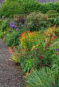MORTON HALL GARDENS, WORCESTERSHIRE: KITCHEN GARDEN, JULY, BORDER, PHLOX NICKY, ALLIUM SPHAEROCEPHALON, HEMEROCALLIS ALASKAN QUEEN, SALVIA ROYAL BUMBLE, HELENIUM MOERHEIM BEAUTY