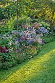 MORTON HALL GARDENS, WORCESTERSHIRE: WEST GARDEN, BORDER, LUPINUS MASTERPIECE, GERANIUM CLOUD NINE, LYTHRUM DROPMORE PURPLE, PHLOX ALPHA, HYDRANGEA ANNABELLE