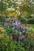 MORTON HALL GARDENS, WORCESTERSHIRE: WEST GARDEN, BORDER, LUPINUS MASTERPIECE, GERANIUM CLOUD NINE, LYTHRUM DROPMORE PURPLE, PHLOX ALPHA, HYDRANGEA ANNABELLE