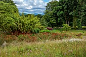 JUNE BLAKES GARDEN, IRELAND: JULY, VIEW TO WICKLOW HILLS, WILDFLOWERS, MEADOW, RED BORDER, MONARDA JACOB CLINE, CROCOSMIA, HOT COLOURS, BAMBOO