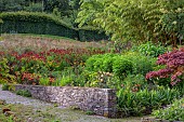 JUNE BLAKES GARDEN, IRELAND: JULY, RED BORDER, HOT, RAISED BED, ALSTROEMERIA INDIAN SUMMER, MONARDA, DAHLIAS, MAPLES, WILDFLOWER MEADOW, HEDGES, HEDGING, WALL