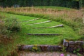 JUNE BLAKES GARDEN, IRELAND: WOODEN STEPS IN LAWN, HEDGES, HEDGING, PATHS