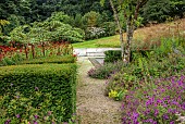 JUNE BLAKES GARDEN, IRELAND: JULY, PATH, BORDERS, YEW HEDGES, HEDGING, BLACK REFLECTING POOL, WATER FEATURE, ARALIA ECHINOCAULIS, MONARDA JACOB CLINE