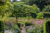 JUNE BLAKES GARDEN, IRELAND: JULY, BORDERS, MONARDA JACOB CLINE, GERANIUM HAVANA BLUES, ARALIA ECHINOCAULIS, PATH, STEPS, CLIPPED YEW