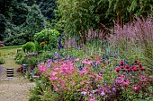 JUNE BLAKES GARDEN, IRELAND: BORDERS, PINK AND RED BED, FILIPENDULA ELEGANS, MONARDA JACOB CLINE, ERYNGIUM ZABELLII BIG BLUE