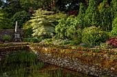PLAS CADNANT, WALES: POND, POOL, JULY, WATER, CORNUS CONTRAVERSA VARIEGATA, WALL