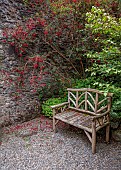 PLAS CADNANT, WALES: JULY, WALL, WOODEN SEAT, RED FLOWERS OF FUCHSIA MAGELLANICA