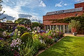 MORTON HALL GARDENS, WORCESTERSHIRE: SOUTH GARDEN, AUGUST, LAWN, BORDERS, CLEOME, PHLOX UTOPIA, AGAPANTHUS POLAR STAR, SIDALCEA ELSIE HEUGH, ECHINACEA PURPUREA