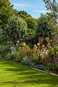 MORTON HALL GARDENS, WORCESTERSHIRE: SOUTH GARDEN, AUGUST, LAWN, BORDERS, CLEOME, SIDALCEA ELSIE HEUGH