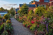 MORTON HALL GARDENS, WORCESTERSHIRE: JULY, KITCHEN GARDEN, BORDER, PHLOX PANICULATA STARFIRE, ROSA BOSCOBEL, ALLIUM SPHAEROCEPHALON, SALVIA INVOLUCRATA, ROSA GABRIEL OAK