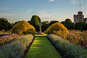 ROCKINGHAM CASTLE, NORTHAMPTONSHIRE: JULY, THE CROSS GARDEN DESIGNED BY JOHN CODRINGTON, SUNDIAL, HYBRID TEA ROSE AMAZING GRACE, LAVENDER, NEPETA, YEW HEDGE BEHIND