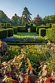 ROCKINGHAM CASTLE, NORTHAMPTONSHIRE: VIEW OVER BORDERS, YEW HEDGES, HEDGING, COSMOS PURITY, AGAPANTHUS