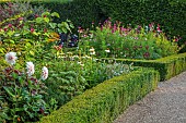 ROCKINGHAM CASTLE, NORTHAMPTONSHIRE: BORDER, DAHLIA, CALYCANTHUS X RAULSTONII HARTLAGE WINE, SHRUBS, CAROLINA ALLSPICE, COSMOS