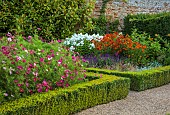 ROCKINGHAM CASTLE, NORTHAMPTONSHIRE: JULY, BORDERS, PHLOX PANICULATA NIRVANA, HELENIUM MOERHEIM BEAUTY, COSMOS, PERENNIALS, ANNUALS