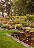 FRANT GARDEN, CHRIS BROWN: WATER GARDEN, FORMAL, COUNTRY, GARDEN, FOUNTAIN, BORDERS, STEPS, SLOPE, SLOPING, PERENNIALS, GRASSES