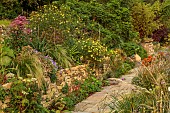 FRANT GARDEN, CHRIS BROWN: BORDERS, EUPATORIUM MACULATUM ATROPURPUREUM, BIDENS AUREA HANNAYS LEMON DROP, HELENIUM SAHINS EARLY FLOWERER, RAISED BED