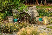FRANT GARDEN, CHRIS BROWN: FORMAL GARDEN, FOUNTAIN, BLUE CONTAINERS, WATER FEATURE