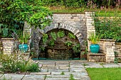 FRANT GARDEN, CHRIS BROWN: FORMAL GARDEN, FOUNTAIN, BLUE CONTAINERS, WATER FEATURE