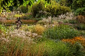 KNOLL GARDENS, DORSET: SEPTEMBER, GRASSES, THE DRAGON GARDEN, SCULPTURE, POOL, POND, WATER, FOUNTAIN