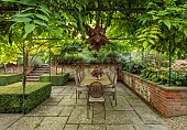 PRIVATE GARDEN, BERKSHIRE: ISTVAN DUDAS: PATIO, TERRACE, TABLE, CHAIRS, RAISED BEDS