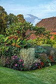PRIVATE GARDEN, BERKSHIRE: ISTVAN DUDAS; PHALARIS ARUNDINACEA PICTA, DAHLIA FASCINATION, HELIANTHUS ANNUUS ASTRA ROSE, RUDBECKIA HIRTA CAPPUCCINO, RICINUS BLUE GIANT, CERCIS