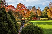 LLANOVER GARDEN, MONMOUTHSHIRE: AUTUMN COLOUR, FALL, OCTOBER, RILL, WATER, AUTUMN COLOUR, TREES, THE BOG GARDEN IN THE ROUND GARDEN, LAWN