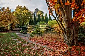 YORK GATE GARDEN, YORKSHIRE: AUTUMN, FALL, TREES, LEAVES, PATHS, CLIPPED, TOPIARY, ESPALIERED CEDAR, YEW SAILS, MAGNOLIA