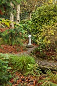 YORK GATE GARDEN, YORKSHIRE: AUTUMN, FALL, THE DELL GARDEN, WHITE FIRE HYDRANT, PATHS, FOLIAGE, LEAVES, TREES, SHRUBS