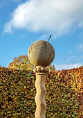 YORK GATE GARDEN, YORKSHIRE: AUTUMN, FALL, BARLEYSUGAR COLUMN, SUNDIAL, BEECH HEDGES, HEDGING, FOCAL POINT