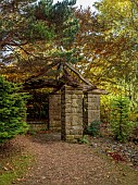 YORK GATE GARDEN, YORKSHIRE: AUTUMN, FALL, PATH, WOODEN, STONE, GAZEBO, TREES, SHADE, SHADY