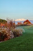 NATURAL SWIMMING POND GARDEN, ITALY BY GPT STUDIO, FALL, AUTUMN, OCTOBER: BORDER, PENNISETUM HAMELN, MOLINIA TRANSPARENT, MOUNTAINS