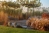 NATURAL SWIMMING POND GARDEN, ITALY BY GPT STUDIO, AUTUMN, OCTOBER, PLATANUS X HISPANICA, PENNISETUM HAMELN, MISCANTHUS FLORIDULUS GIGANTEUS, DECKING, LOUNGERS, STEPPING STONES