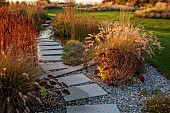 NATURAL SWIMMING POND GARDEN, ITALY BY GPT STUDIO, AUTUMN, OCTOBER, PATH, STEPPING STONES, GRAVEL, WATER, POOL, POND, PENNISETUM HAMELN