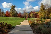 NATURAL SWIMMING POND GARDEN, ITALY BY GPT STUDIO, FALL, AUTUMN, OCTOBER, PATH, LAWN, SCULPTURE BY LEON BRONSTEIN