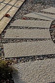 NATURAL SWIMMING POND GARDEN, ITALY BY GPT STUDIO, FALL, AUTUMN, OCTOBER, STONE SLABS, STEPPING STONES, GRAVEL, DECKING, PATH