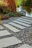 NATURAL SWIMMING POND GARDEN, ITALY BY GPT STUDIO, FALL, AUTUMN, OCTOBER, STONE SLABS, STEPPING STONES, GRAVEL