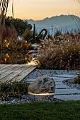 NATURAL SWIMMING POND GARDEN, ITALY BY GPT STUDIO, FALL, AUTUMN, OCTOBER, GRASSES, GRAVEL, PAVING, LIGHTS, LIGHTING, DESCKING, SCULPTURE BY LEON BRONSTEIN