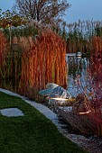 NATURAL SWIMMING POND GARDEN, ITALY BY GPT STUDIO, FALL, AUTUMN, OCTOBER, LAWN, WATER, POND, POOL, LIGHTING, LIGHTS, NIGHT, BOULDER, EVENING