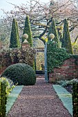 WOLLERTON OLD HALL, SHROPSHIRE: NOVEMBER, FROST, WINTER, VIEW ALONG PATH TO WELL GARDEN, WALLS, GATE, CLIPPED TOPIARY YEW, FORMAL, COUNTRY, GARDEN