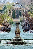 WOLLERTON OLD HALL, SHROPSHIRE: NOVEMBER, FROST, WINTER, SUNDIAL IN SUNDIAL GARDEN, PATH, WOODEN PERGOLA