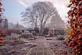 WOLLERTON OLD HALL, SHROPSHIRE: NOVEMBER, FROST, WINTER, PATH, GRASSES, HEDGES, HEDGING, LANHYDROCK
