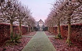 WOLLERTON OLD HALL, SHROPSHIRE: NOVEMBER, FROST, WINTER, LAWN, GRASS, PATHS, HEDGES, HEDING, THE LIME ALLEE, FORMAL, GARDEN