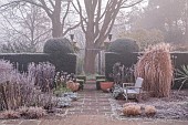 WOLLERTON OLD HALL, SHROPSHIRE: NOVEMBER, FROST, WINTER, PATH, GRASSES, HEDGES, HEDGING, LANHYDROCK, WOODEN BENCH, SEAT, GATE