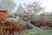 WOLLERTON OLD HALL, SHROPSHIRE: NOVEMBER, FROST, WINTER, SUNDIAL GARDEN, PATH, WOODEN PERGOLA, HERBACEOUS BORDERS