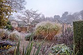 WOLLERTON OLD HALL, SHROPSHIRE: NOVEMBER, FROST, WINTER, FROSTY GRASSES, PATH, WOODEN BUILDING